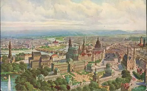 Dresden Zeppelin-Ansicht Altstadt und Neustadt Künstlerkarte 1913