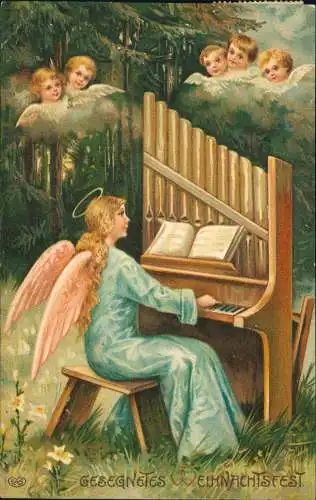 Engel Angel im Wald und vor Orgel Weihnachten Christmas 1914 Prägekarte