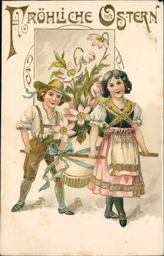 Ostern / Eastern Junge und Mädchen tragen Riesen Osterei 1912 Goldrand