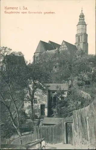 Ansichtskarte Kamenz Kamjenc Hauptkirche vom Herrentale gesehen. 1911