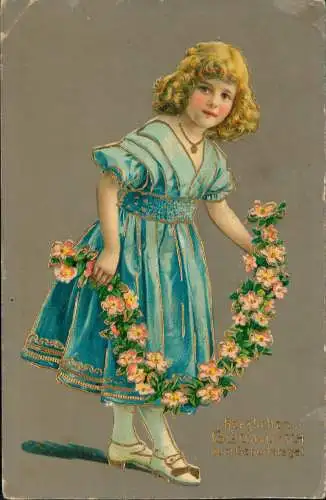 Geburtstag Birthday Mädchen blaues Kleid Blumengirlande 1909 Goldrand