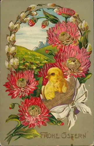 Ansichtskarte  Ostern / Eastern Weidenkätzchen Blumen Küken 1912 Goldrand