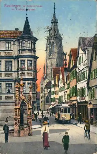 Ansichtskarte Reutlingen Wilhelmstraße, Straßenbahn 1916  gel. Feldpost