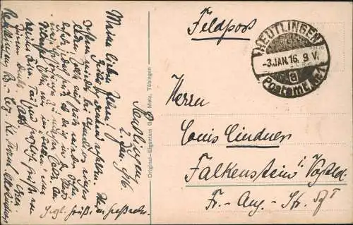 Ansichtskarte Reutlingen Wilhelmstraße, Straßenbahn 1916  gel. Feldpost
