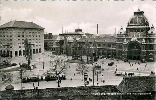 Ansichtskarte Nürnberg Hauptbahnhof mit Hauptpostamt 1957