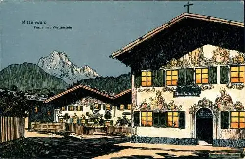 Ansichtskarte Mittenwald Stadtpartie Künstlerkarte Eugen Felle Isny 1914 Bayern