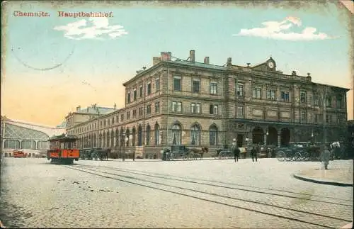 Ansichtskarte Chemnitz Hauptbahnhof, Straßenbahn 1910