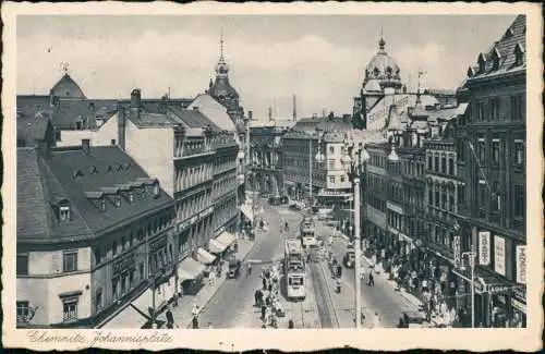 Ansichtskarte Chemnitz Johannisplatz Geschäfte Straßenbahn 1939