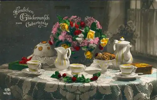 Glückwunsch Geburtstag Birthday gedeckter Tisch Fotokunst coloriert 1913
