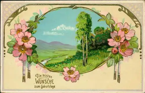 Geburtstag Birthday Künstlerkarte Landschaft Blumen 1913 Goldrand