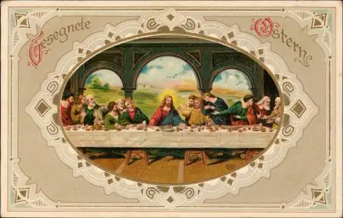 Das letze Abendmahl Jesus Religion Ostern / Eastern 1913 Goldrand/Prägekarte