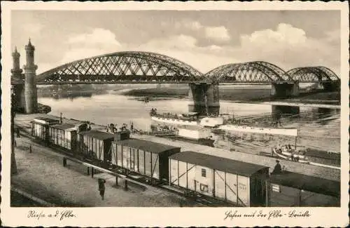 Ansichtskarte Riesa Elbebrücke, Eisenbahn 1942  gel. Feldpoststempel WK2