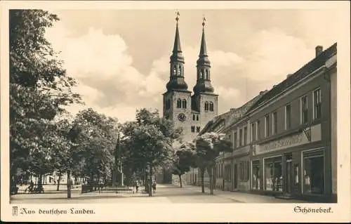 Ansichtskarte Schönebeck (Elbe) Kirche, Möbelhaus Gustav Deicke 1934