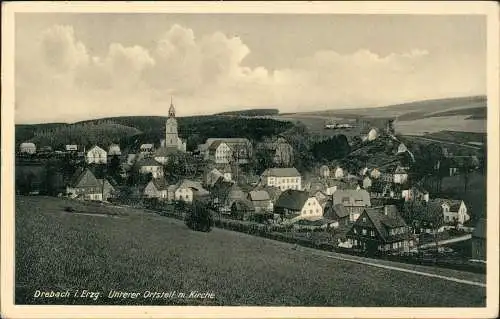 Ansichtskarte Drebach (Erzgebirge) Unterer Ortsteil m. Kirche 1940