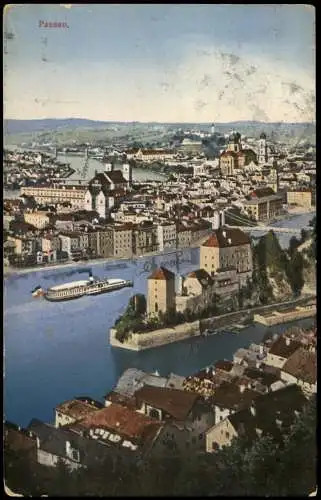 Passau Panorama-Ansicht, Stadt-Ansicht mit Schiff auf Donau 1920