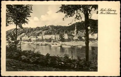 Bad Schandau Panorama-Ansicht, Elbe Fluss Partie mit Schiff 1940