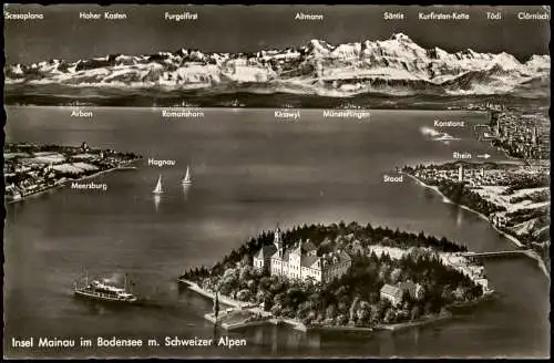 Ansichtskarte Konstanz Insel Mainau im Bodensee m. Schweizer Alpen 1957