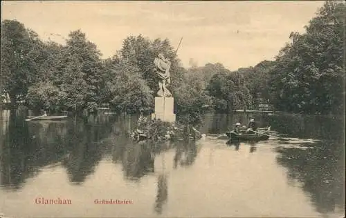 Ansichtskarte Glauchau Gründelteich, Statue - Ruderboote 1909