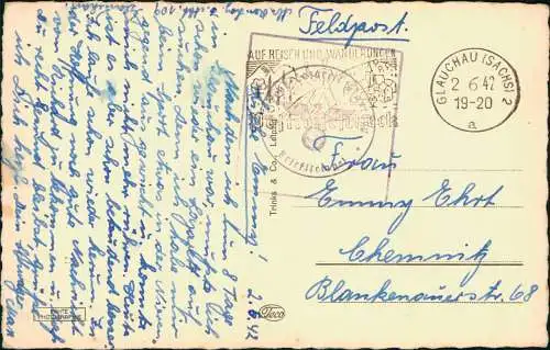 Ansichtskarte Glauchau Schloss, Seitenansicht 1942  gel. Feldpoststempel WK2