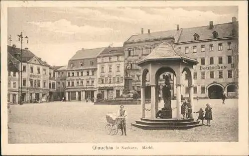 Ansichtskarte Glauchau Markt Denkmal Gasthaus Apotheke 1926