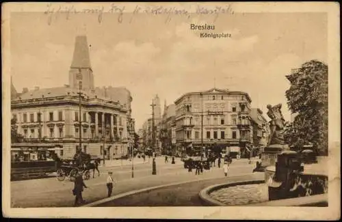 Postcard Breslau Wrocław Königsplatz Straßenbahn Kutsche 1918  Schlesien Silesia