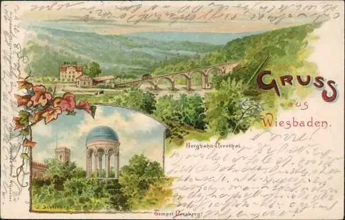 Ansichtskarte Litho AK Wiesbaden 2 Bild Litho Bergbahn Tempel - Neroberg 1899