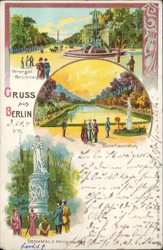 Ansichtskarte Litho AK Berlin Gruss aus.. Wrangel-Brunnen Goldfischteich 1899