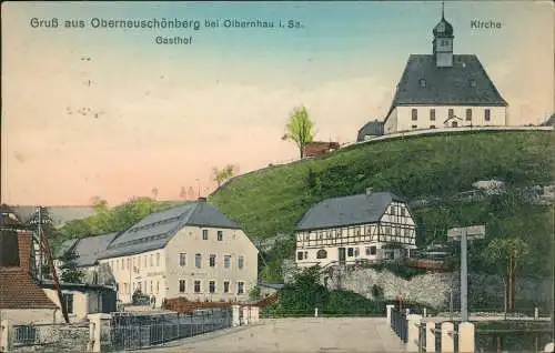 Ansichtskarte Oberneuschönberg-Olbernhau Gasthof, Kirche - Erzgebirge 1912