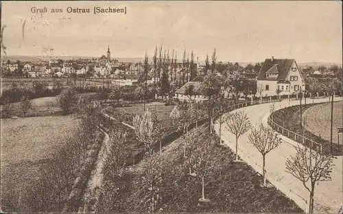 Ansichtskarte Ostrau (Sachsen) Straßenpartie an der Stadt 1924