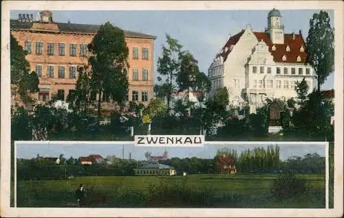 Ansichtskarte Zwenkau 2 Bild Schule Rathaus Stadt 1914