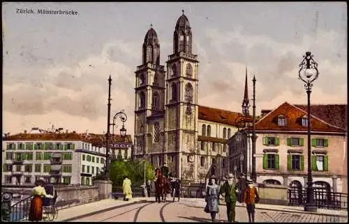 Ansichtskarte Zürich Münsterbrücke, Straße - belebt 1912