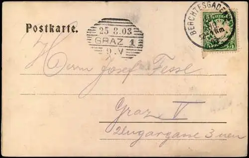 Ansichtskarte Berchtesgaden Scharitzkehlalm 1904  Ankunftsstempel Graz