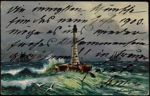 Ansichtskarte  Leuchtturm in stürmischer See Künstlerkarte 1902  gel. Magyar