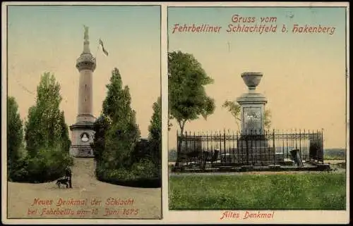 Ansichtskarte Fehrbellin 2 Bild Altes- und Neues Denkmal 1916  b. Berlin