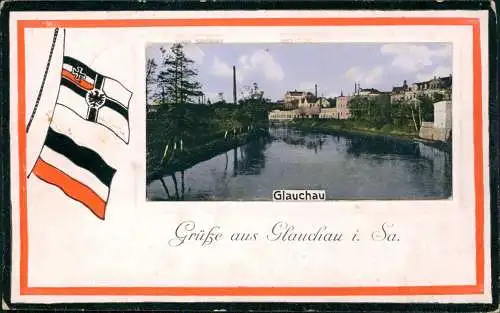 Ansichtskarte Glauchau Flußpartie Patriotika 1915  gel. Feldpost Lazarett