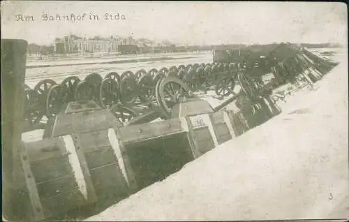 Postcard Lida Ліда Lyda Лида Bahnhof Geschosse 1917  gel. Feldpoststempel WK1