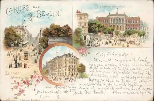 Litho AK Mitte-Berlin Leipziger Straße Potsdamer Bahnhof Hotel 1906