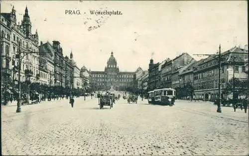 Postcard Prag Praha Wenzelsplatz Václavské náměstí Straßenbahn 1913