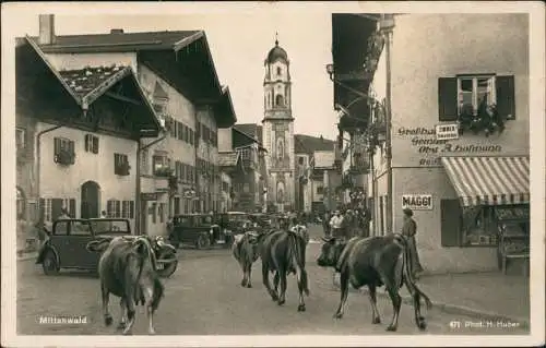 Ansichtskarte Mittenwald Straße, Autos - Kühe 1937