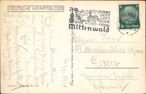 Ansichtskarte Mittenwald Straße, Autos - Kühe 1937