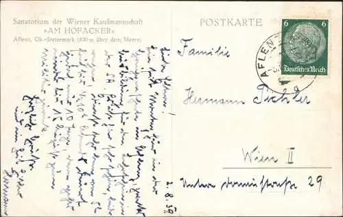 Aflenz Sanatorium der Wiener Kaufmannschaft AM HOFACKER Künstlerkarte 1938