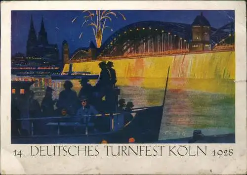 Köln Künstlerkarte Großfuerwerk an der Hohenzollernbrücke 1928