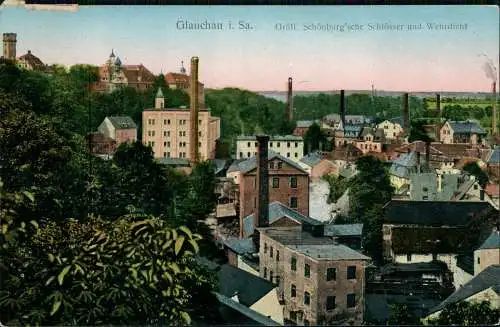 Ansichtskarte Glauchau Schönburg'sche Schlösser und Wehrdicht Fabriken 1922