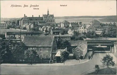 Ansichtskarte Heidenau (Sachsen) Bahnhof Schule Gasthaus 1926