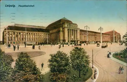 Ansichtskarte Leipzig Straßenpartie am Hauptbahnhof 1915