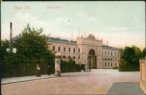 Ansichtskarte Gera Hauptbahnhof Litfasssäule 1909