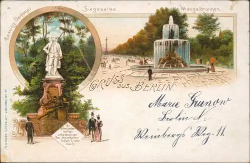 Litho AK Tiergarten-Berlin Siegesallee Wrangelbrunnen Lssing-Denkmal 1898