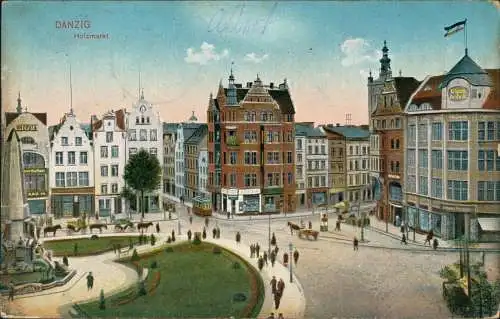 Postcard Danzig Gdańsk Holzmarkt, Geschäfte 1914  Pommern gel. Feldpost