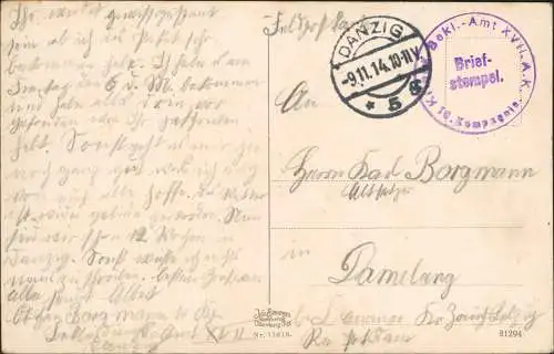 Postcard Danzig Gdańsk Holzmarkt, Geschäfte 1914  Pommern gel. Feldpost