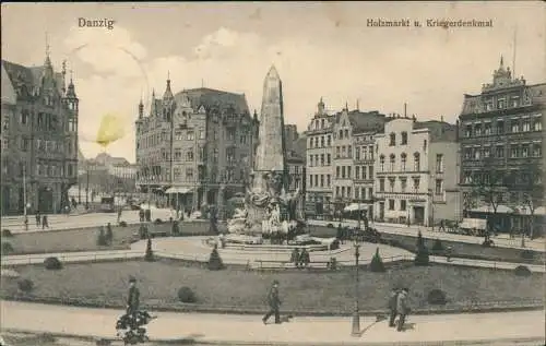 Postcard Danzig Gdańsk Holzmarkt u. Kriegerdenkmal 1915  gel. Feldpost